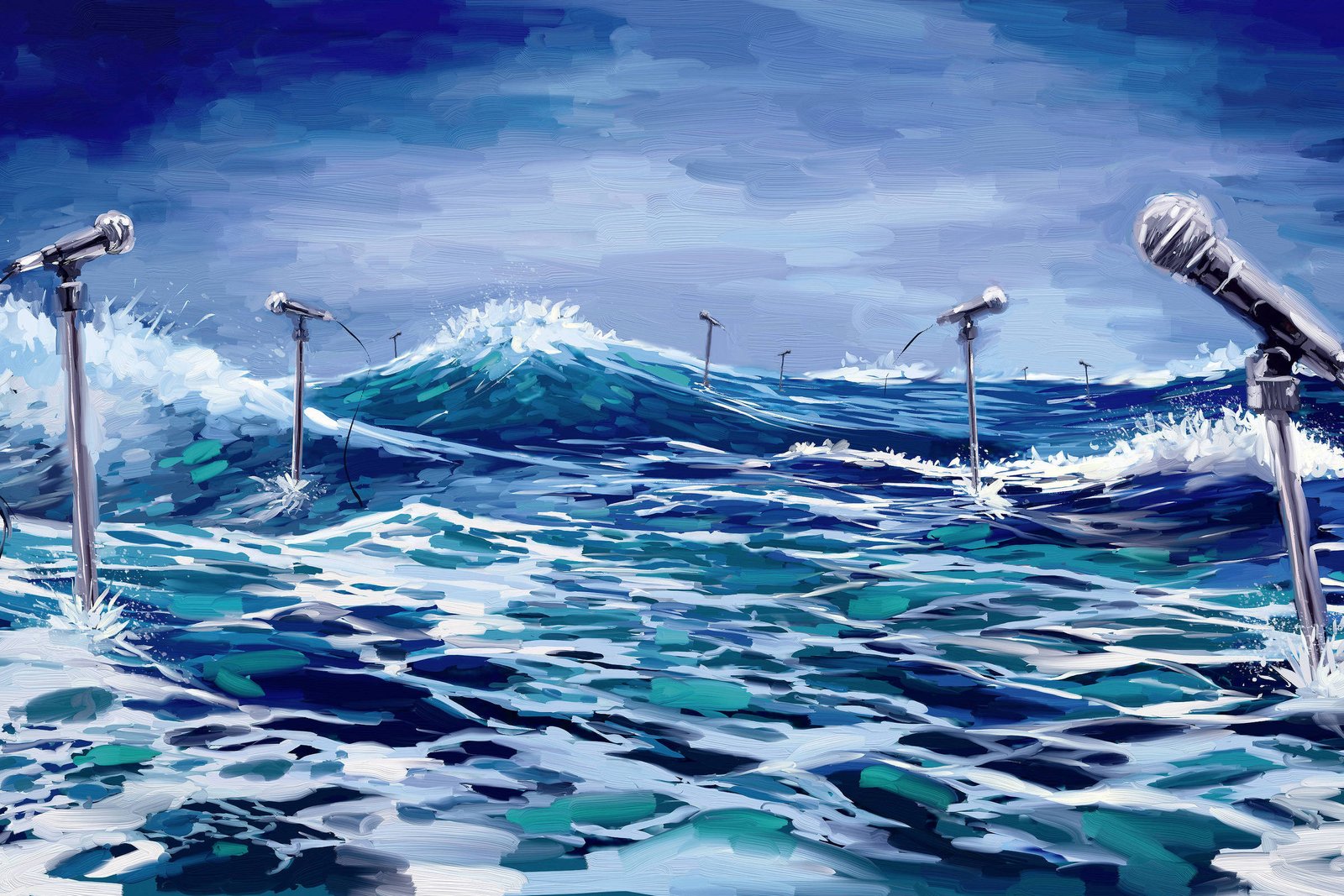 A imagem apresenta um cenário surreal de um oceano agitado, onde várias estacas de microfones estão emergindo das ondas. O céu é de um azul profundo, com nuvens que complementam a cena. As ondas são representadas em diferentes tons de azul e verde, criando um efeito dinâmico e vibrante. A luz reflete na água, destacando a textura das ondas e dos microfones.