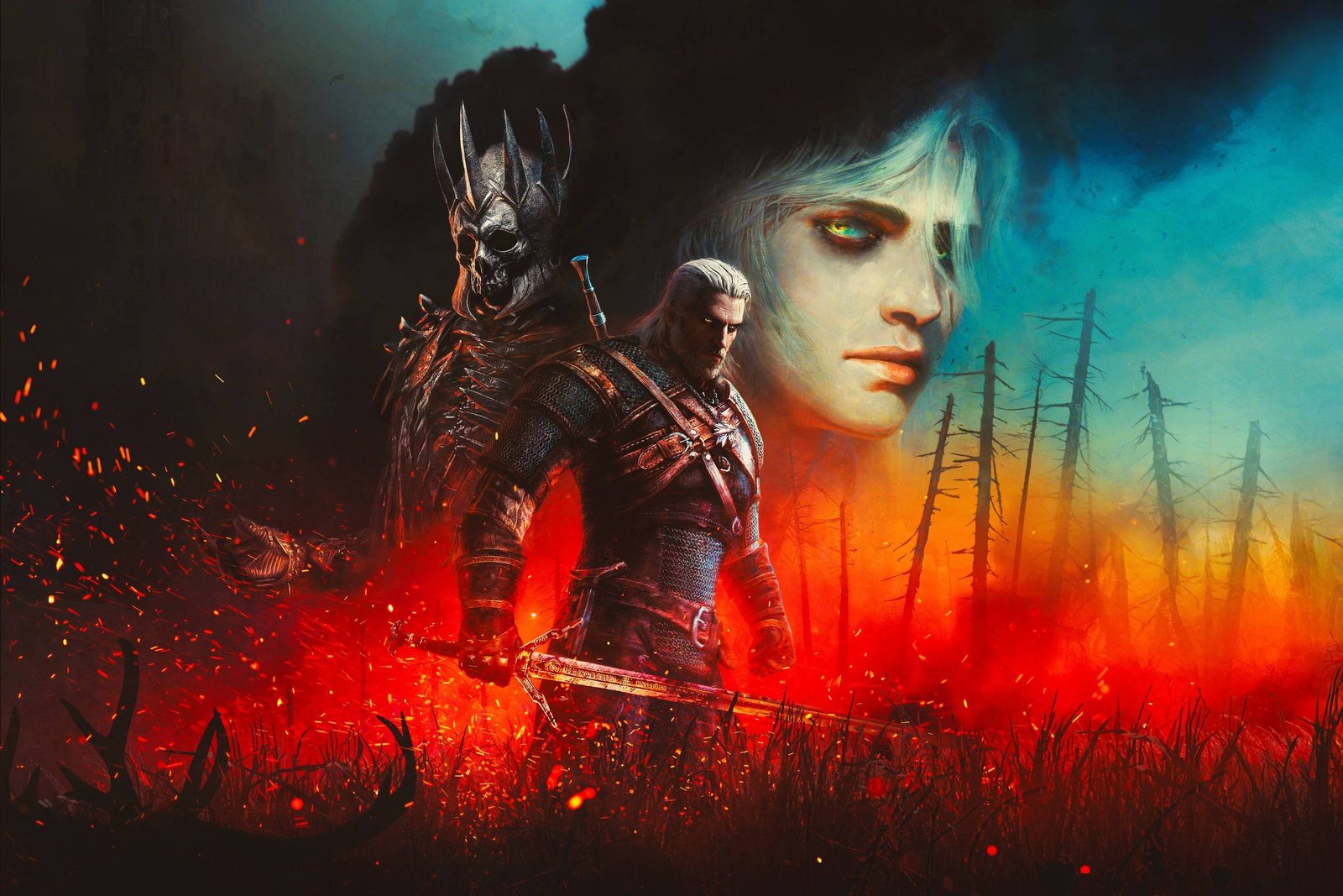 A imagem apresenta uma cena de arte digital inspirada no jogo The Witcher. No primeiro plano, um personagem masculino, vestido com armadura e segurando uma espada, está em uma pose de combate. Ao fundo, há uma figura sombria e uma face feminina, ambos em tons de azul e cinza, com um céu em gradiente que vai do azul ao laranja. O ambiente é sombrio, com árvores secas e um solo coberto de cinzas e faíscas vermelhas.