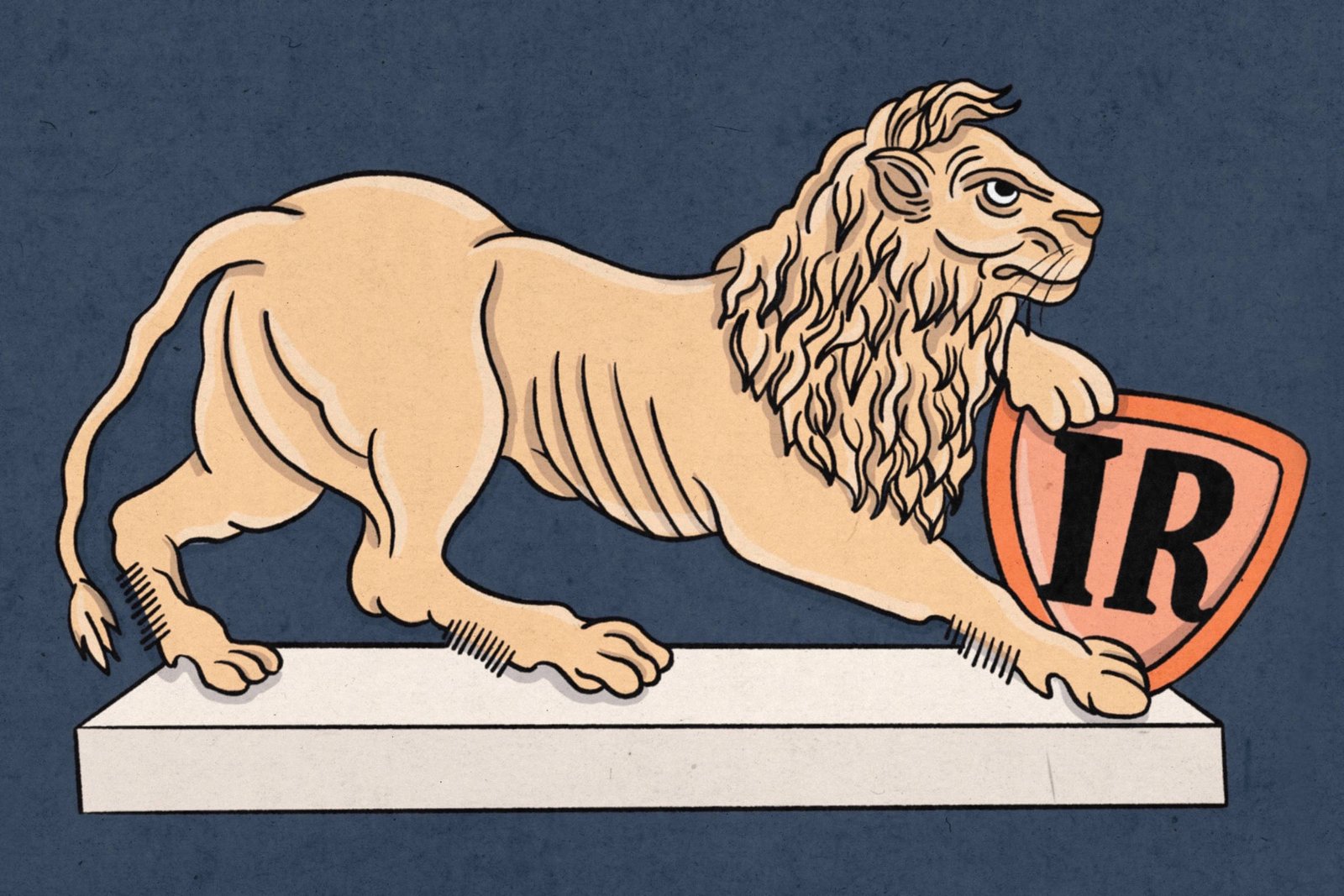 A imagem apresenta um leão em posição de alerta, com uma pata apoiada em um escudo. O leão é de cor clara, enquanto o escudo é laranja com as letras