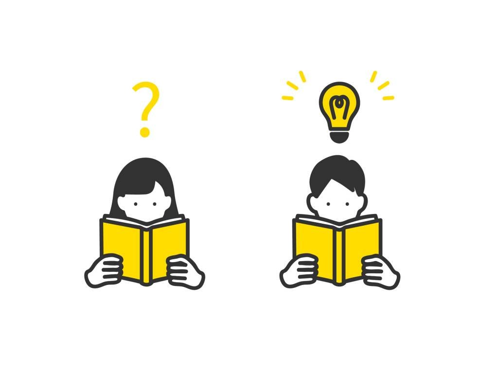 Illustration of a girl reading a book and a boy reading a book.