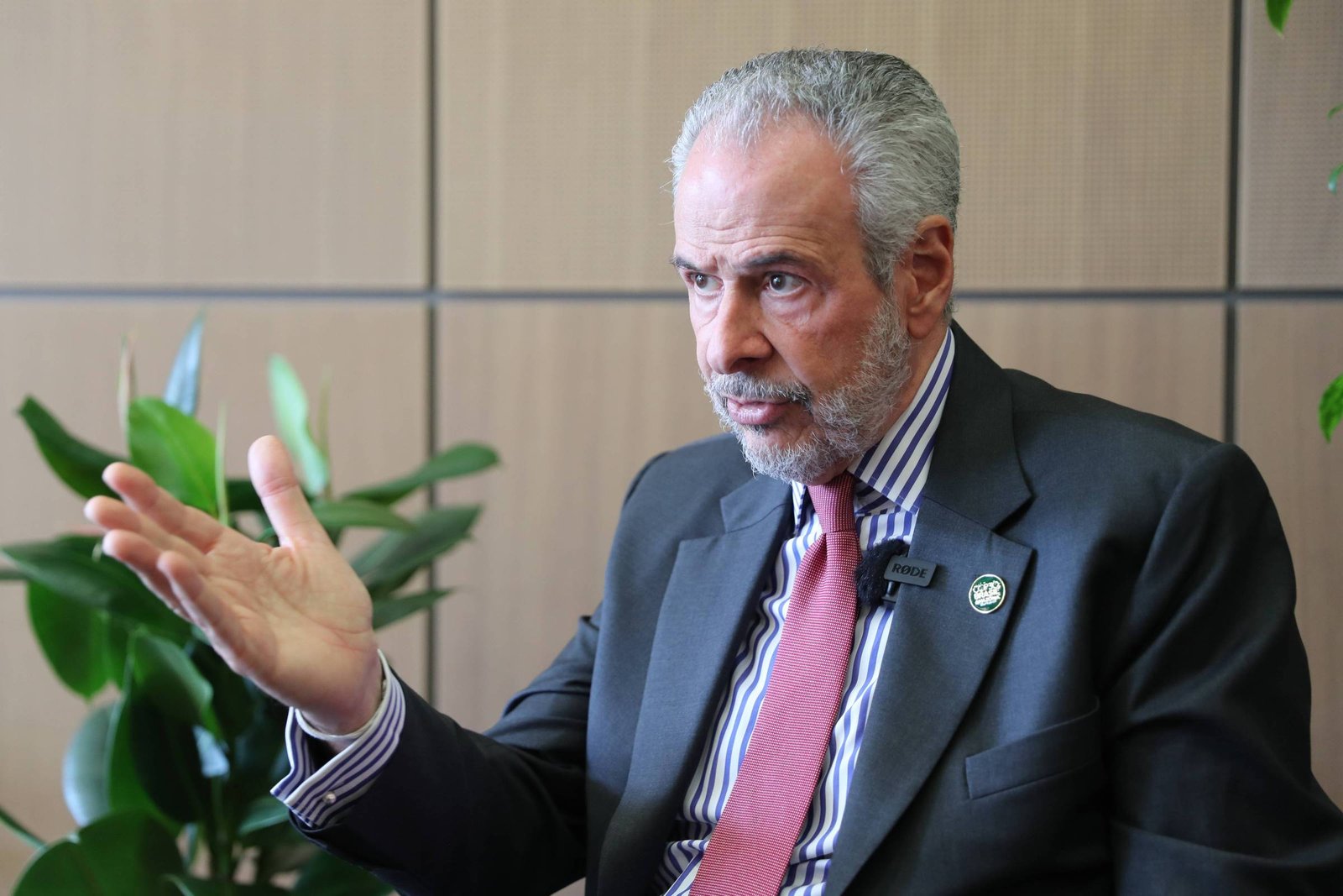 Um homem de cabelos grisalhos e barba, vestido com um terno escuro e uma gravata vermelha, está sentado em uma cadeira em um ambiente corporativo. Ele gesticula com a mão esquerda enquanto fala, demonstrando envolvimento na conversa. Ao fundo, há plantas verdes e uma parede com painéis de madeira clara.