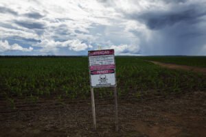 A imagem mostra uma placa de aviso em um campo verde. A placa está posicionada em um terreno de terra batida e apresenta um fundo de céu nublado com nuvens escuras. A placa contém informações de advertência, mas o texto não é legível na imagem.