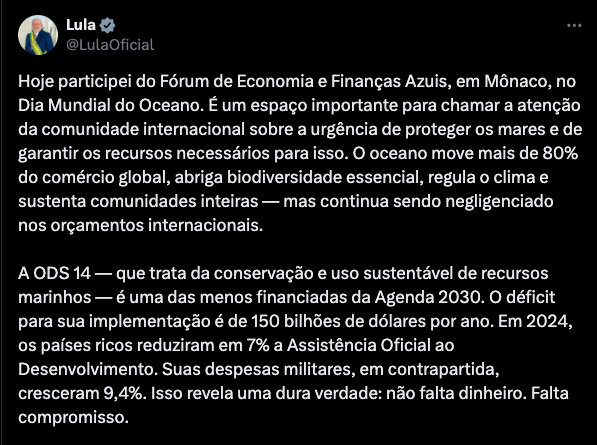 Lula cobra atenção internacional à preservação dos oceanos: 'Ou agimos ou o planeta corre risco'