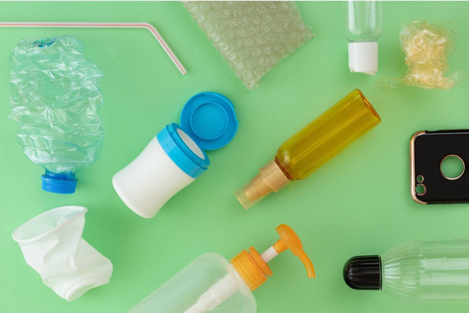 Resíduos plásticos como garrafa pet, frascos de cosméticos, canudo e plástico bolha