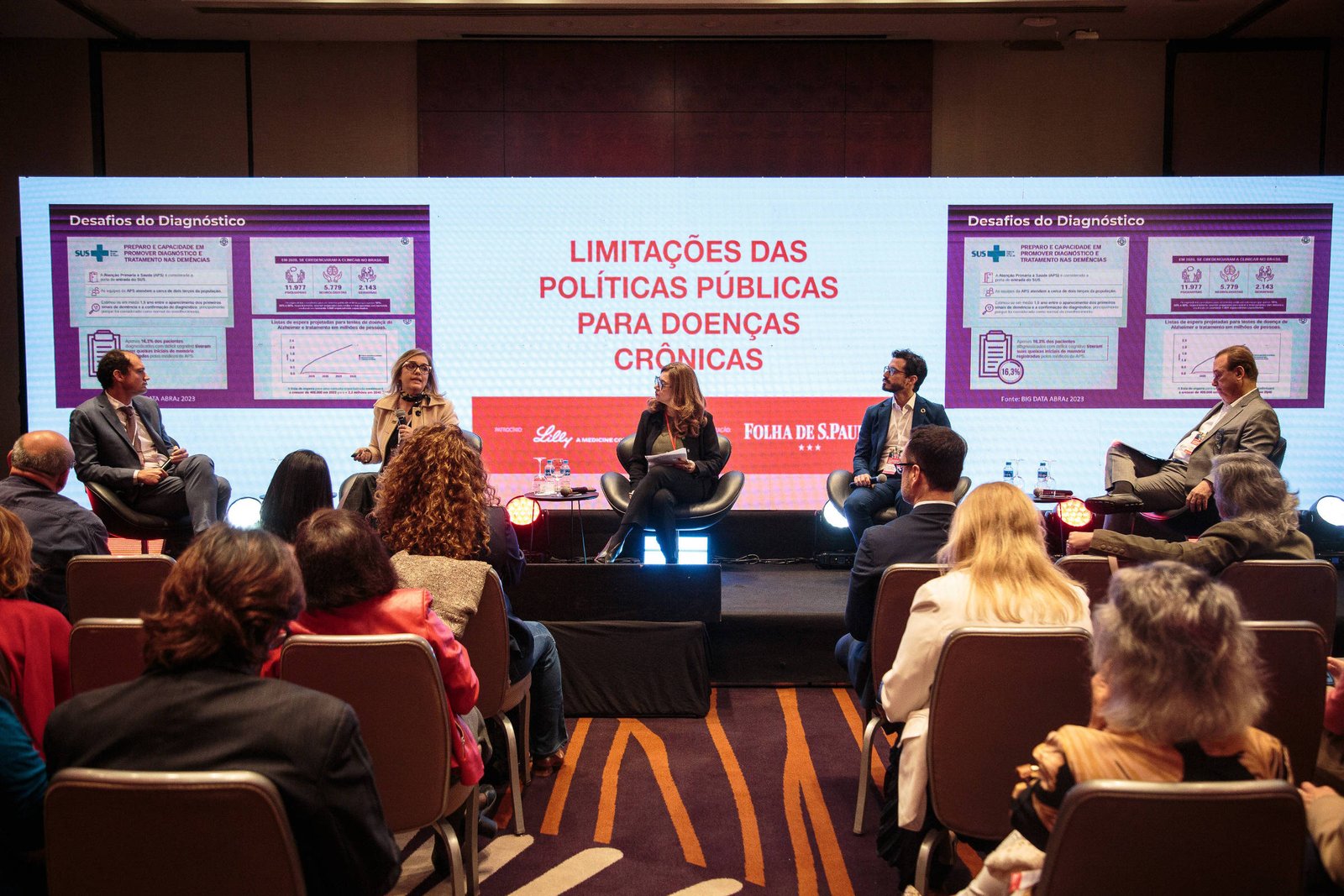A imagem mostra um painel de debate com várias pessoas sentadas em cadeiras, discutindo sobre as limitações das políticas públicas para doenças crônicas. Ao fundo, há uma tela com gráficos e textos que abordam os desafios do diagnóstico. Os participantes estão em um ambiente de conferência, com uma plateia visível na parte inferior da imagem.