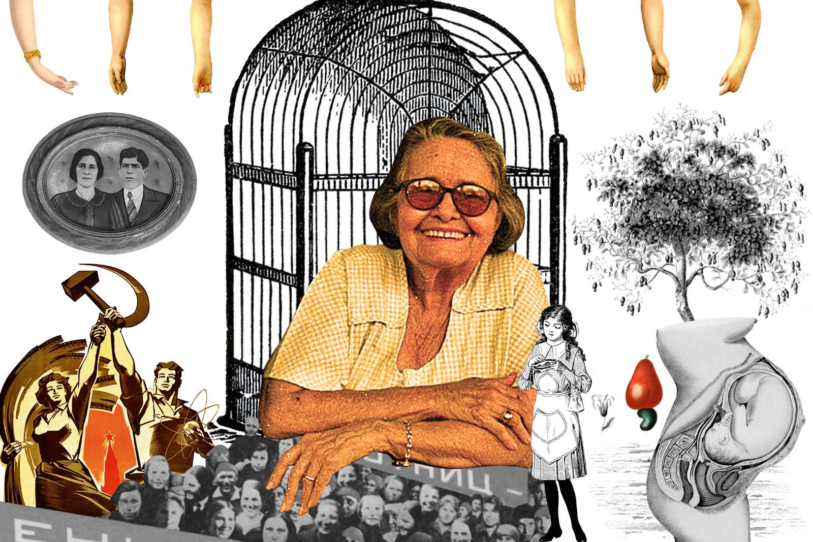 A imagem é uma colagem que apresenta uma mulher idosa sorridente, usando óculos e uma blusa amarela, sentada em frente a uma grade de prisão. Ao redor dela, há várias ilustrações, incluindo mãos, uma árvore, um vaso com uma figura feminina, um casal em uma moldura, e símbolos de luta, como um martelo e uma foice. A colagem parece representar temas de liberdade, memória e história.