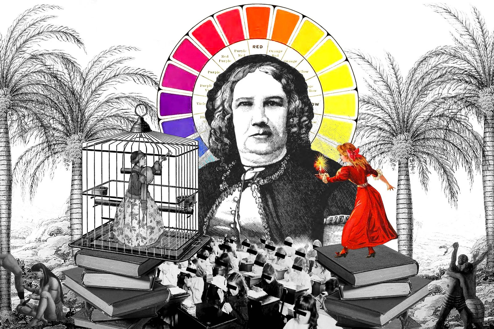 A imagem é uma colagem artística que apresenta um retrato de uma mulher com cabelo ondulado e um colarinho alto, posicionado ao centro. Atrás dela, há um círculo de cores vibrantes, semelhante a uma roda de cores. À esquerda, uma figura feminina em uma jaula, vestindo um vestido longo. À direita, uma mulher vestida de vermelho, segurando uma chama, parece dançar. Na parte inferior, há uma pilha de livros e uma multidão de pessoas com chapéus de formatura, sugerindo um tema educacional. Ao fundo, palmeiras são visíveis, criando um contraste com os elementos em preto e branco.