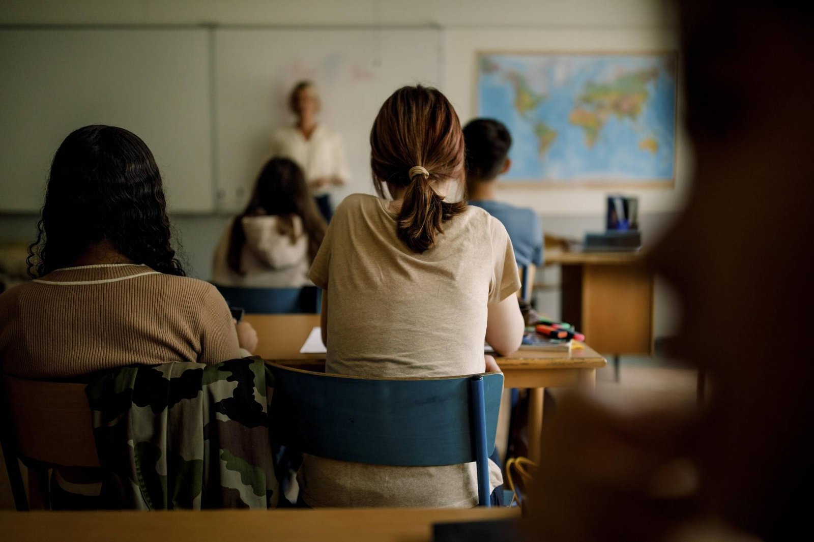 Rear view of teenage girls and boys learning in classroom