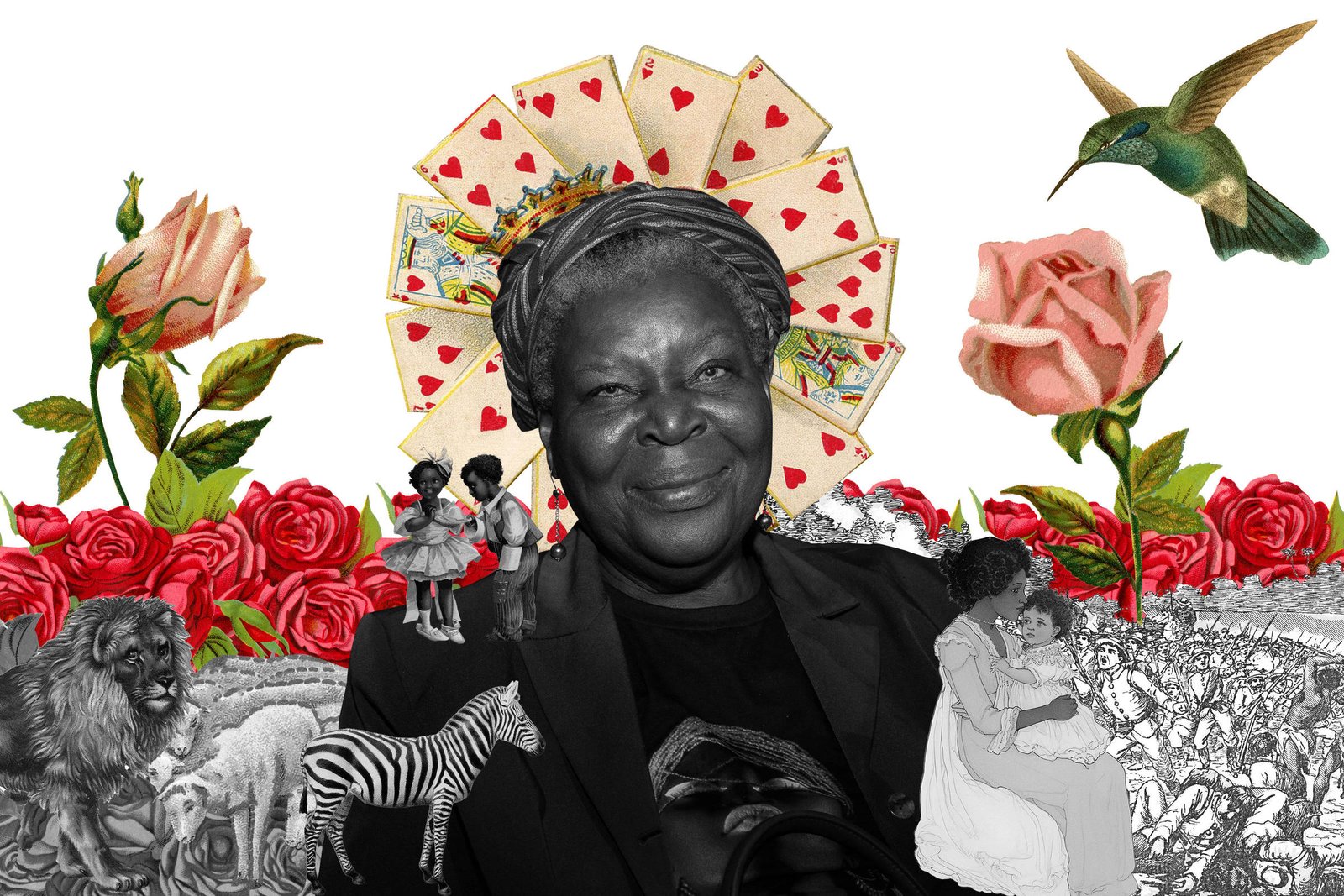 A imagem apresenta uma mulher sorridente em primeiro plano, com cabelo preso e usando uma blusa escura. Ao fundo, há uma composição artística que inclui cartas de baralho, flores rosas, um beija-flor, e várias ilustrações de animais e figuras humanas, como leões, zebras e crianças. A paleta de cores é vibrante, destacando os elementos florais e os detalhes gráficos que cercam a figura central.