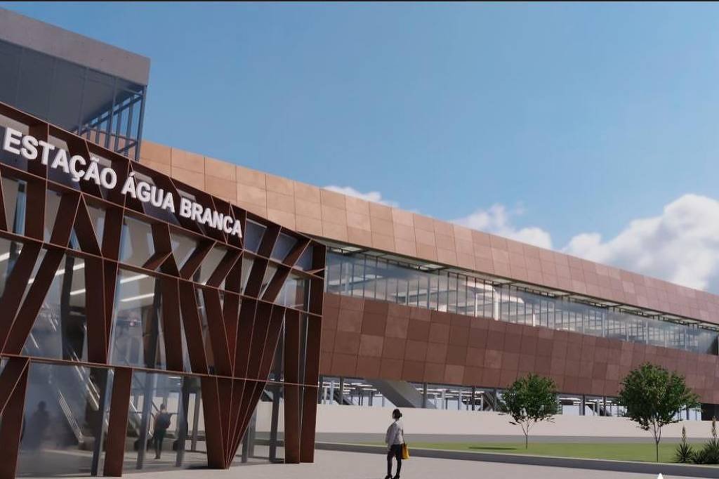 A imagem mostra uma representação arquitetônica da Estação Água Branca, com uma estrutura moderna e de design arrojado. A estação possui uma fachada de painéis metálicos em tons de cobre e grandes janelas de vidro. Na parte frontal, há uma entrada com o nome