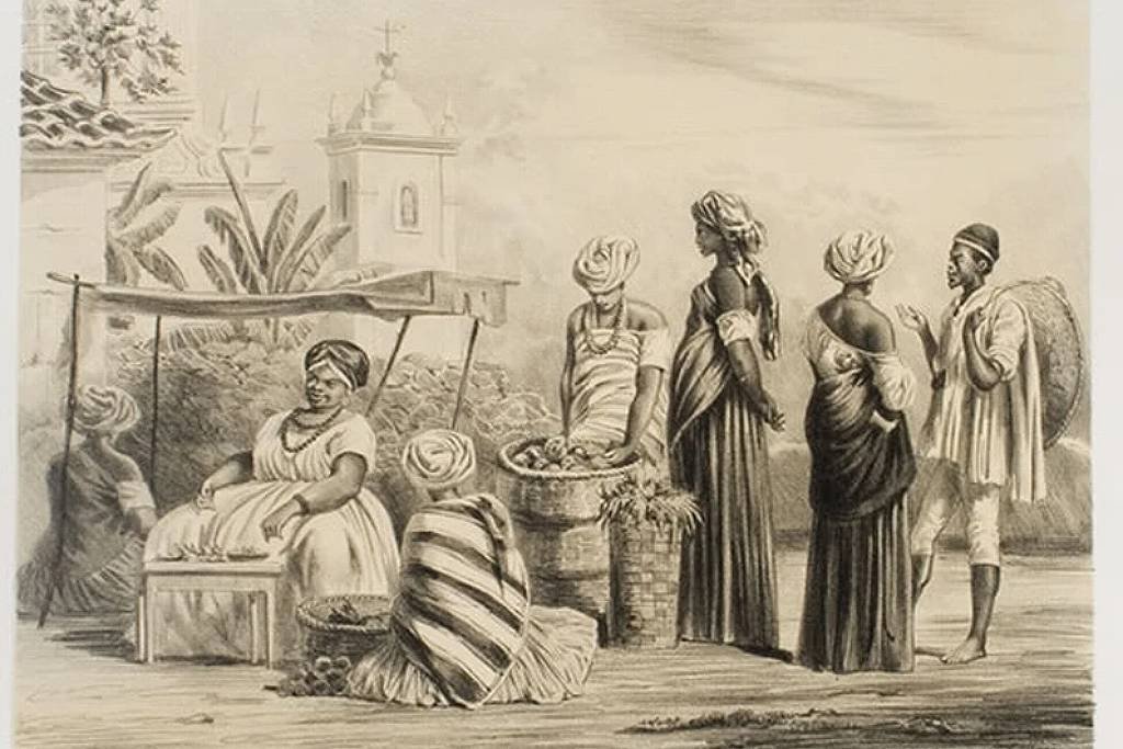 Ilustração feita por Jean Leaon Palliere Grandjean Ferreira, no século 19, retrata negros trabalhando nas ruas de Salvador no século 19