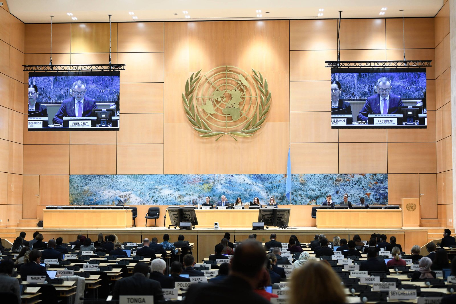 Delegados sentados em plenário da Assembleia Geral da ONU com painel de madeira e símbolo da ONU ao fundo. Presidente da sessão aparece em dois telões acima do palco principal.
