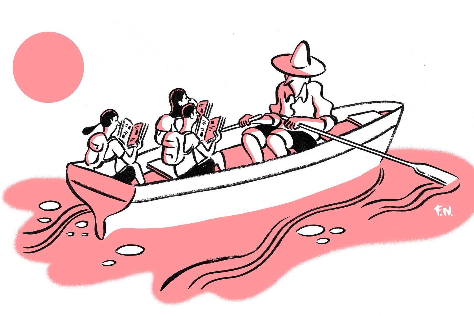 Três crianças sentadas em um barco pequeno, cada uma lendo um livro, enquanto um adulto com chapéu de aba larga rema. O barco está sobre água estilizada em tons de rosa, com um círculo rosa representando o sol ao fundo.