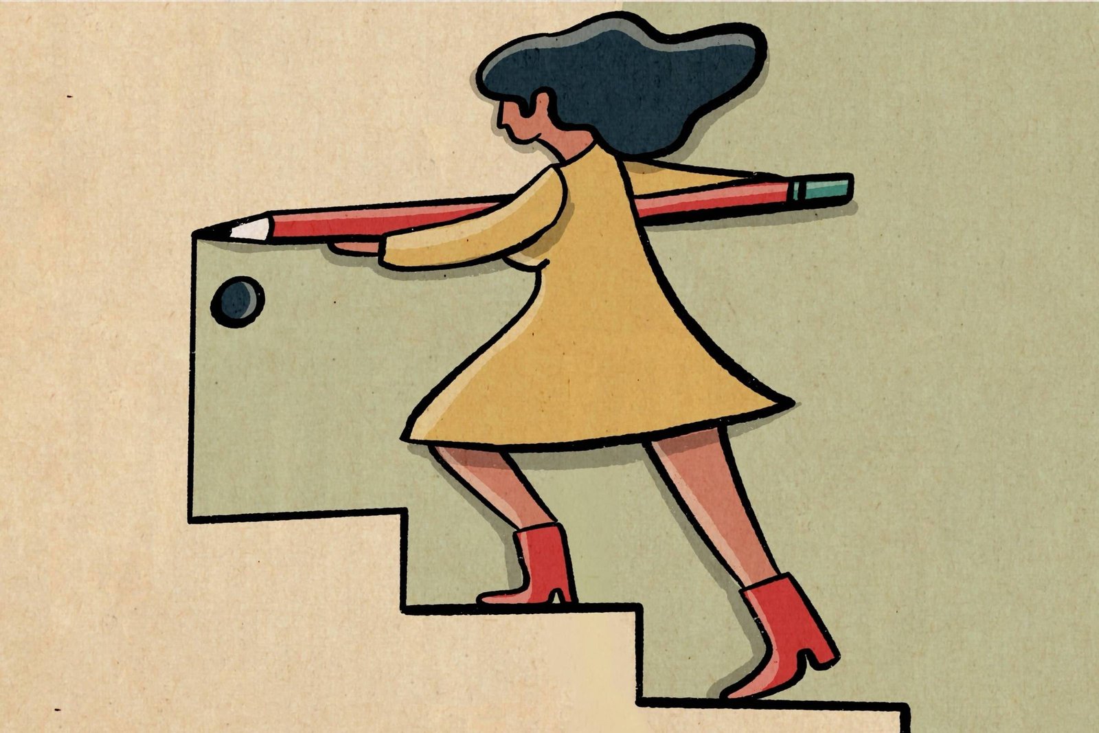A ilustração mostra uma mulher de vestido amarelo e botas vermelhas subindo uma escada enquanto segura um grande lápis vermelho na horizontal, como se estivesse desenhando ou traçando o caminho à sua frente. O fundo é simples, em tons neutros, destacando a figura e a sensação de progresso criativo.