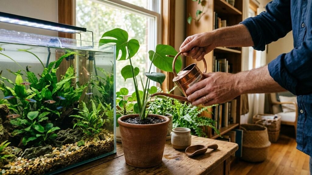 A mistura caseira com água de aquário suja que age como fertilizante potente e ajuda as plantas aquáticas a prosperarem