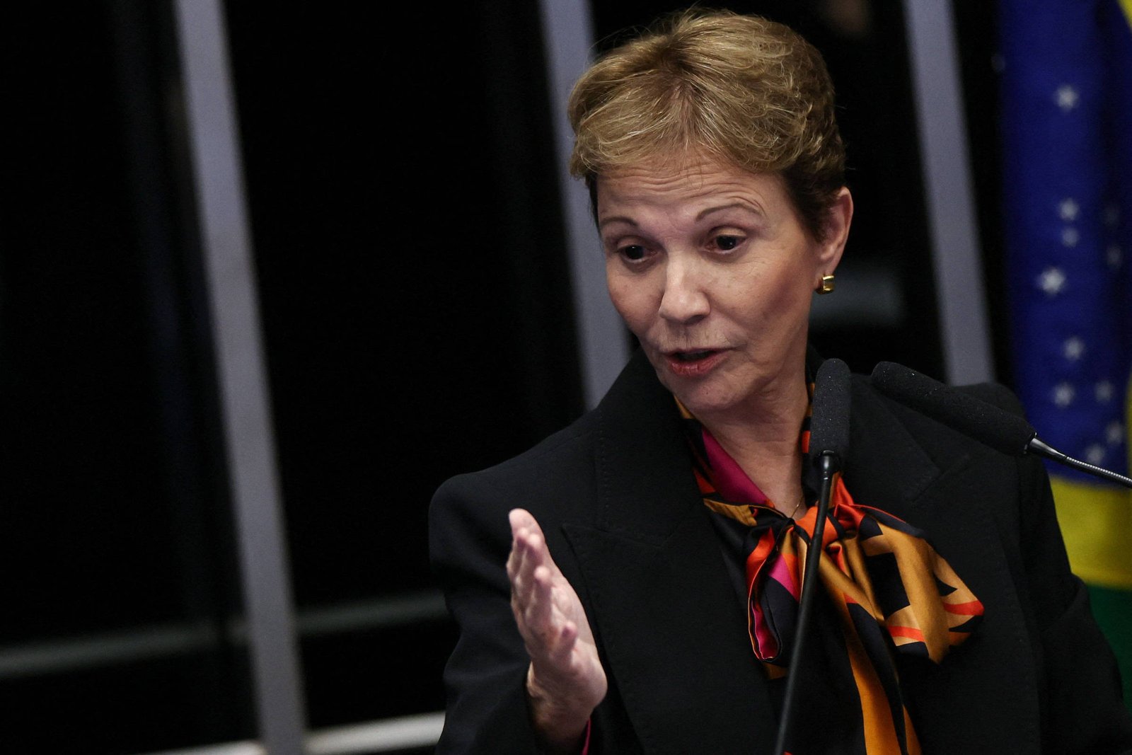 Mulher de cabelo curto e loiro escuro fala gesticulando com a mão direita em ambiente interno. Ela veste blazer preto e lenço colorido, com microfone à frente. Ao fundo, parcialmente visível, está a bandeira do Brasil.