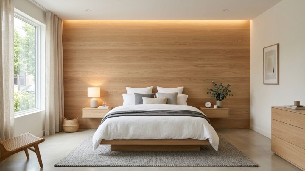 Adeus às cabeceiras volumosas estofadas: a nova tendência de design aposta em painéis de madeira minimalistas, que transformam o quarto com um visual moderno, elegante e mais leve, valorizando a simplicidade e a sofisticação do ambiente