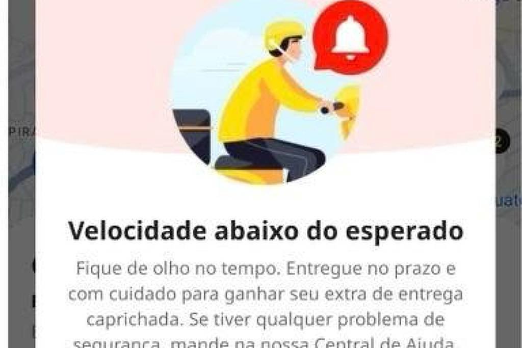 Ilustração mostra entregador de bicicleta com capacete amarelo e jaqueta amarela, segurando um pacote. Ao lado, ícone vermelho de sino de alerta. Texto informa sobre velocidade abaixo do esperado e orienta cuidado com o tempo de entrega, com número de referência #2966.