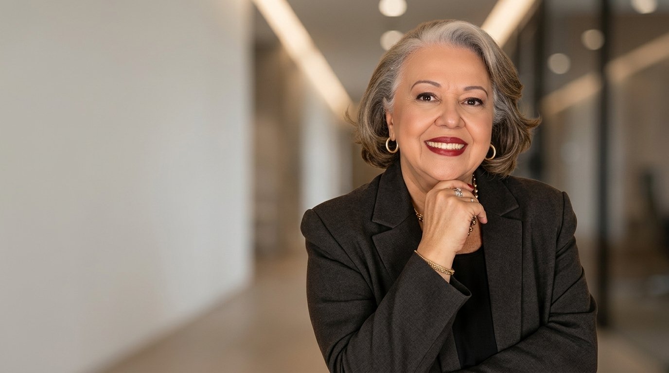 Myrinha Vasconcellos em ambiente corporativo, representando liderança, experiência e confiança.