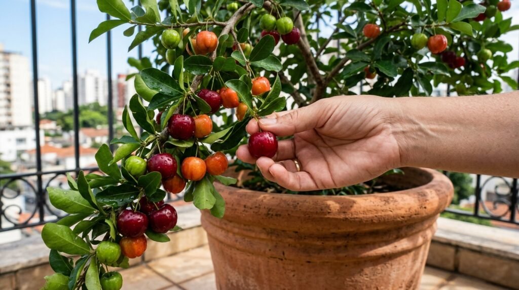 Galhos de aceroleira em vaso aparecem carregados de frutos maduros.