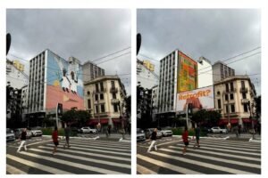 Duas fotos lado a lado do Edifício Herculano de Almeida em um cruzamento urbano. À esquerda, o prédio exibe um grande mural colorido com figura humana. À direita, o mesmo prédio mostra uma fachada modernizada com painéis laranja e cinza, com a palavra