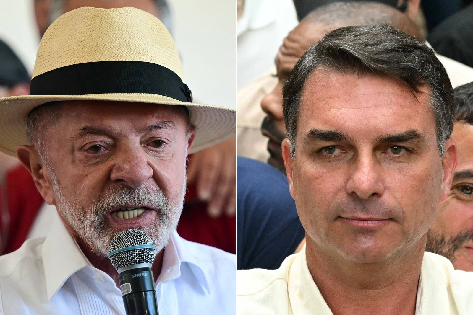 À esquerda, homem idoso com barba branca, camisa branca e chapéu de palha fala ao microfone. À direita, homem de meia-idade com cabelo curto e camisa clara olha para frente, com pessoas ao fundo.