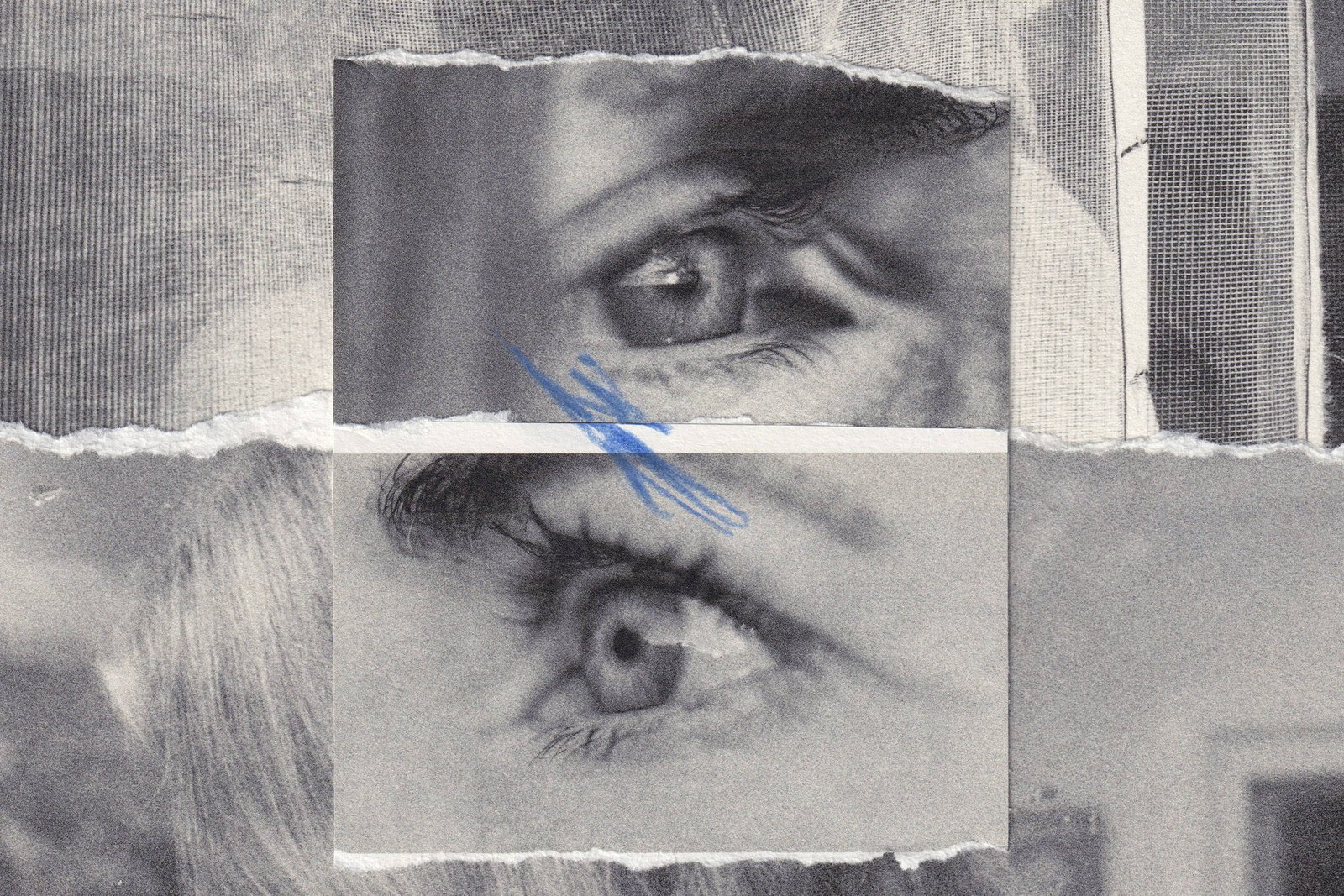 Colagem em preto e branco mostra dois recortes de olhos sobrepostos a uma imagem desfocada de uma pessoa de costas com cabelo claro preso. Fundo apresenta texturas e linhas abstratas.