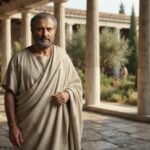 Representação hiper-realista de Aristóteles em um pátio com colunas da Grécia Antiga, vestindo uma túnica clara e com expressão contemplativa.