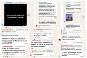 Sequência de mensagens em grupos de WhatsApp com textos críticos ao PT e ao presidente Lula, incluindo acusações de corrupção, comentários sobre votos e educação, além de mensagens informais e memes. As mensagens mostram debates acalorados e expressões de insatisfação política entre os participantes.