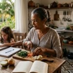 Mulher pratica pequenas ações diárias que representam escolhas conscientes e hábitos positivos.