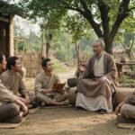 Representação histórica de Confúcio conversando com discípulos em um pátio da China antiga, durante uma atividade de ensino.