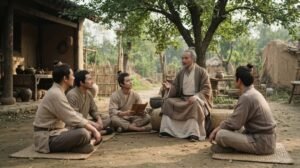 Representação histórica de Confúcio conversando com discípulos em um pátio da China antiga, durante uma atividade de ensino.