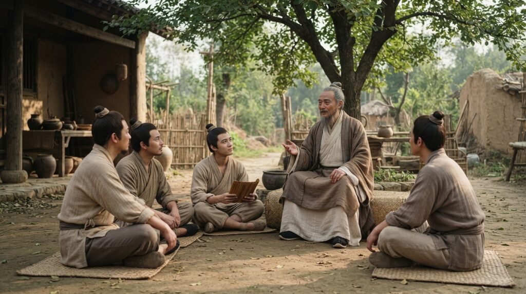 Representação histórica de Confúcio conversando com discípulos em um pátio da China antiga, durante uma atividade de ensino.