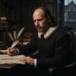 Representação artística de William Shakespeare em um escritório elisabetano, refletindo diante de um manuscrito.