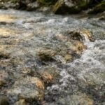 Água corrente passa sobre pedras lisas em um rio iluminado pela luz natural.