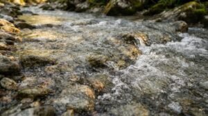 Água corrente passa sobre pedras lisas em um rio iluminado pela luz natural.