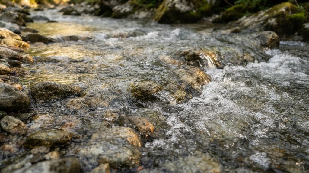 Água corrente passa sobre pedras lisas em um rio iluminado pela luz natural.