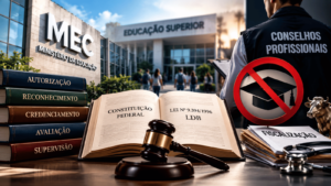 Fiscalização da educação superior no Brasil: MEC, legislação educacional e conselhos profissionais em debate sobre competências regulatórias.