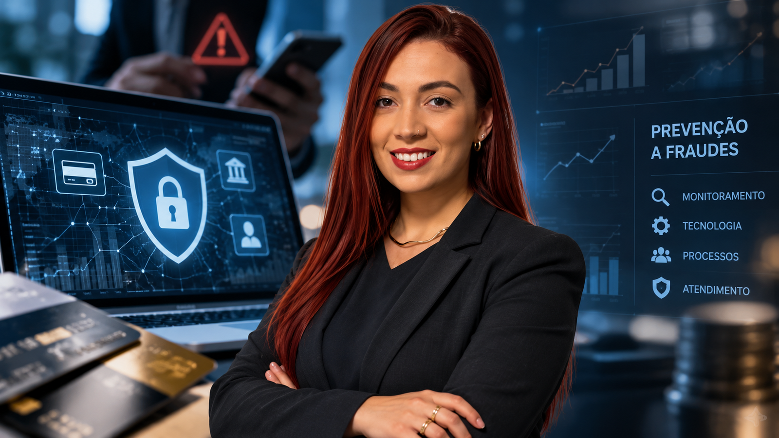 Rúbia Mara Dias Madrilles destaca que a prevenção a fraudes financeiras exige integração entre tecnologia, análise de comportamento, processos operacionais e atendimento ao consumidor. Imagem ilustrativa produzida com auxílio de inteligência artificial.