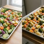 Comparação entre legumes amontoados e úmidos e legumes espaçados com superfície dourada.