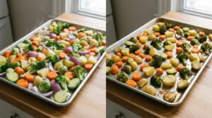 Comparação entre legumes amontoados e úmidos e legumes espaçados com superfície dourada.
