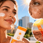 Mulher aplicando protetor solar FPS 50 no rosto sob a luz do sol, com ilustração dos efeitos da radiação UVA e UVB na pele.