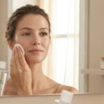 Mulher removendo delicadamente a maquiagem com um algodão durante a rotina de cuidados faciais noturnos.