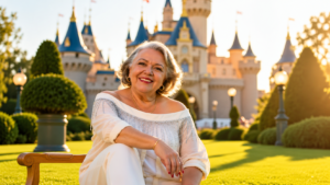 Myrinha Vasconcellos em frente ao castelo da Disney, ilustrando a conexão entre tecnologia, experiência do cliente e encantamento humano.