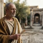 Representação histórica de Sêneca em um pátio romano, refletindo sobre o medo do futuro e o sofrimento por antecipação.