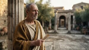 Representação histórica de Sêneca em um pátio romano, refletindo sobre o medo do futuro e o sofrimento por antecipação.