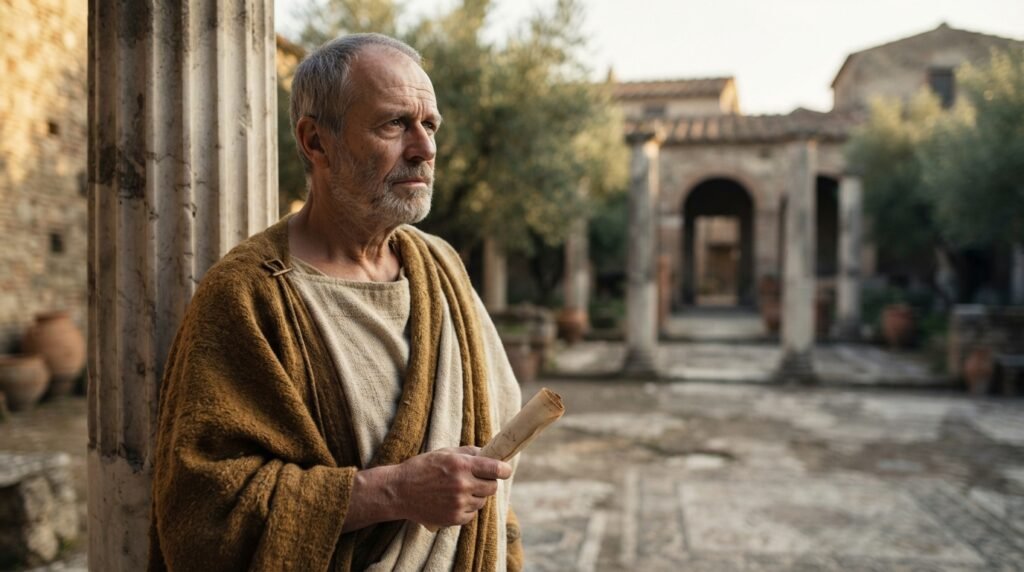 Representação histórica de Sêneca em um pátio romano, refletindo sobre o medo do futuro e o sofrimento por antecipação.