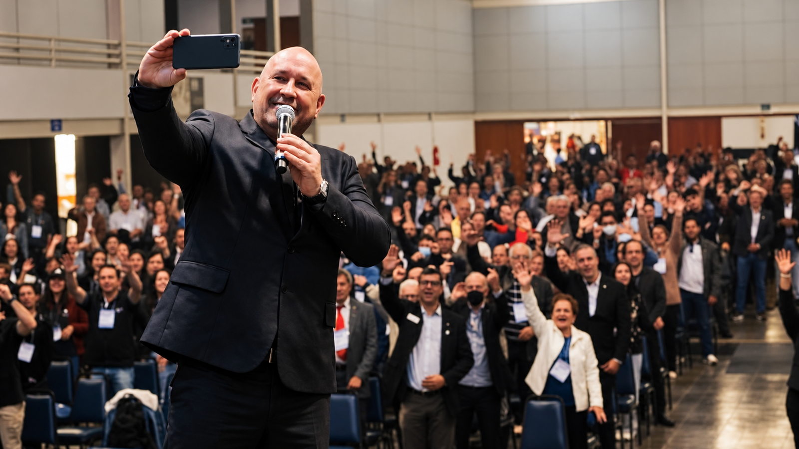 Palestrante de terno preto segura um microfone e registra uma selfie diante de uma plateia numerosa em um auditório, com participantes sorrindo e acenando para a câmera.