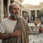 Representação hiper-realista de Sócrates, filósofo grego de barba grisalha, em um pátio de Atenas na Antiguidade.