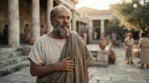 Representação hiper-realista de Sócrates, filósofo grego de barba grisalha, em um pátio de Atenas na Antiguidade.